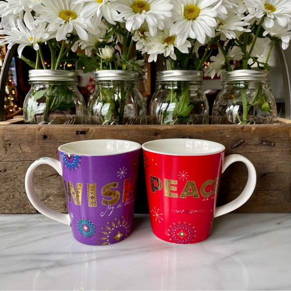 Starbucks•Holiday 2006•Set of Two (2) Mugs~PEACE (Red)+WISH (Purple)•14 fl oz - Picture 2 of 12